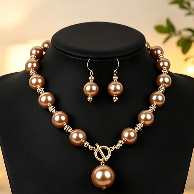 Elegant Single Strand Champagne beaded Pearl OT Toggle Clasp Necklaces Drop Earrings Women luxury statement Jewelry Sets