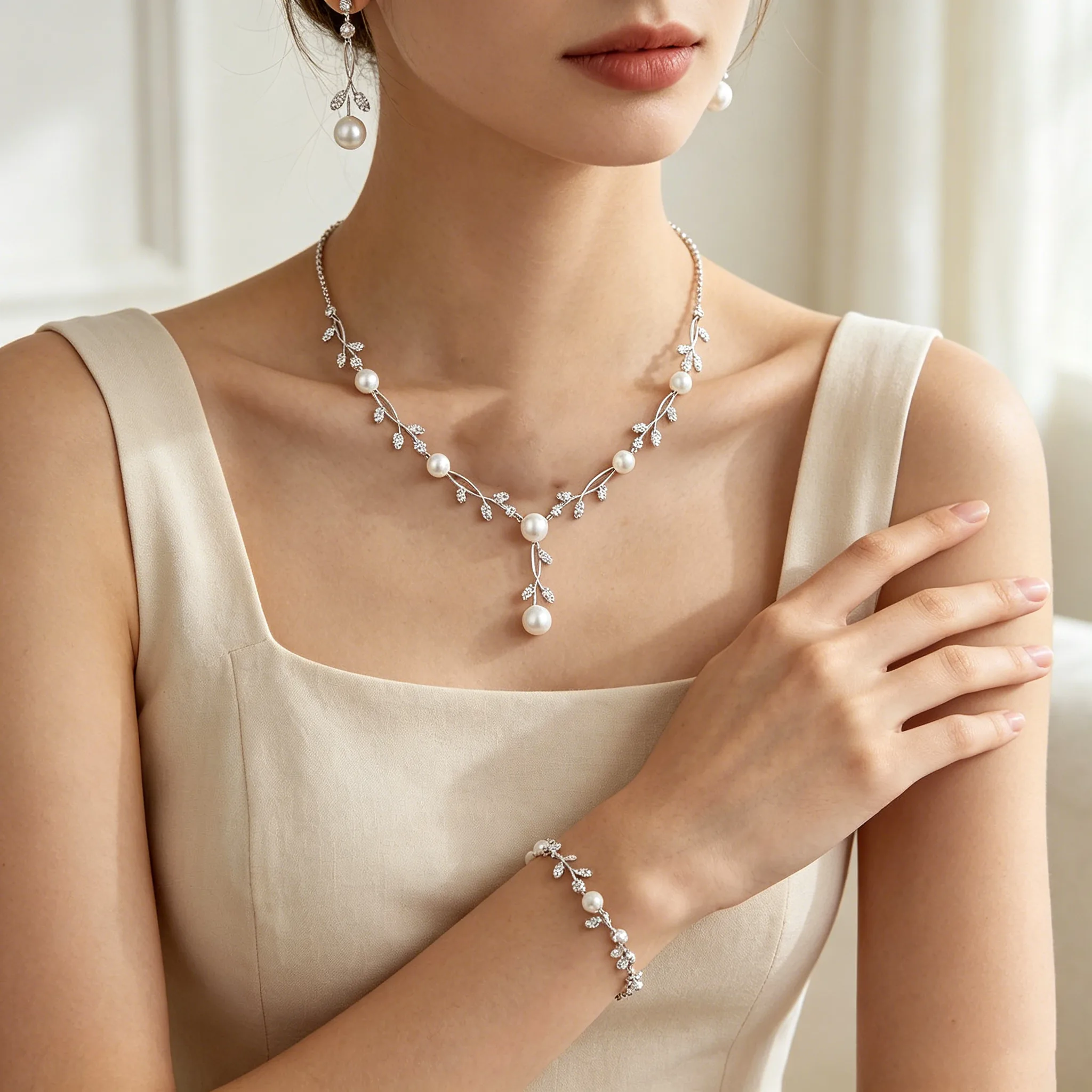 flower Single Row Imitation Pearl Y Pendant Necklaces Classic Drop Stud Earrings bracelet Women fashion wedding bridal Jewelry Sets view 3