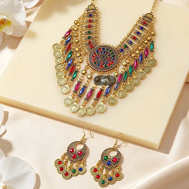 Bohemian Ethnic Multi-Color Stone Inlaid Coin Tassel Statement Collar Necklaces Circular Dangle Earrings Women Travel Retro Tribal Jewelry Sets view 3