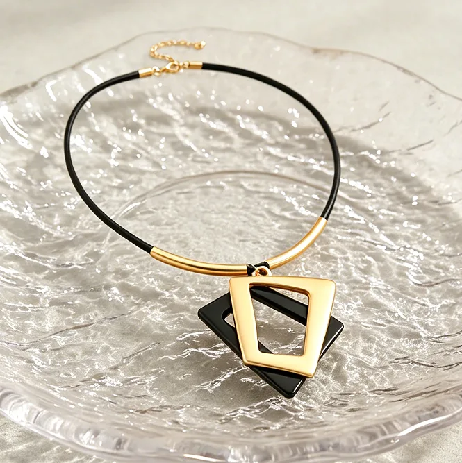 Contrast Color Hollow Interlaced Geometric Square Pendant Choker Necklaces Earrings Minimalist Women Statement chunky Jewelry view 2