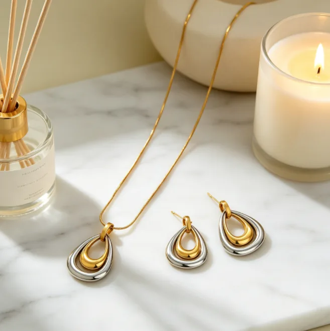 Two Tone Double Layer Teardrop Pendant Stainless Steel chain Necklaces Earrings Minimalist Women Fashion non-allergenic Jewelry