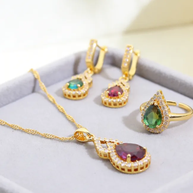 ruby Zircon Red Teardrop Halo Pendant Necklaces Hoop Drop Earrings Adjustable Open Ring Wedding Women Jewelry joias de luxo view 2