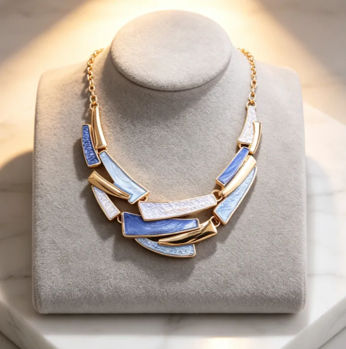 Bohemian Oil Painting Gradient Blue Irregular Geometric Bib Choker Necklaces Drop Earrings Ethnic Statement Jewelry for Women view 2
