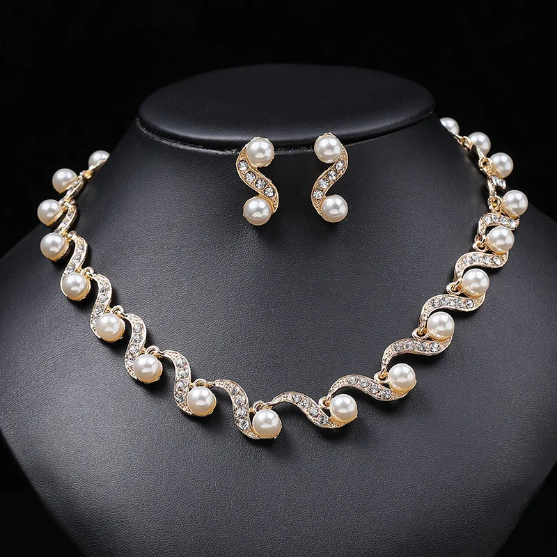 Elegant Wavy S Shape Pearl Rhinestone Choker Necklaces Matching Mini S Curve Pearl Stud Earrings Women Wedding Party Jewelry Sets view 2