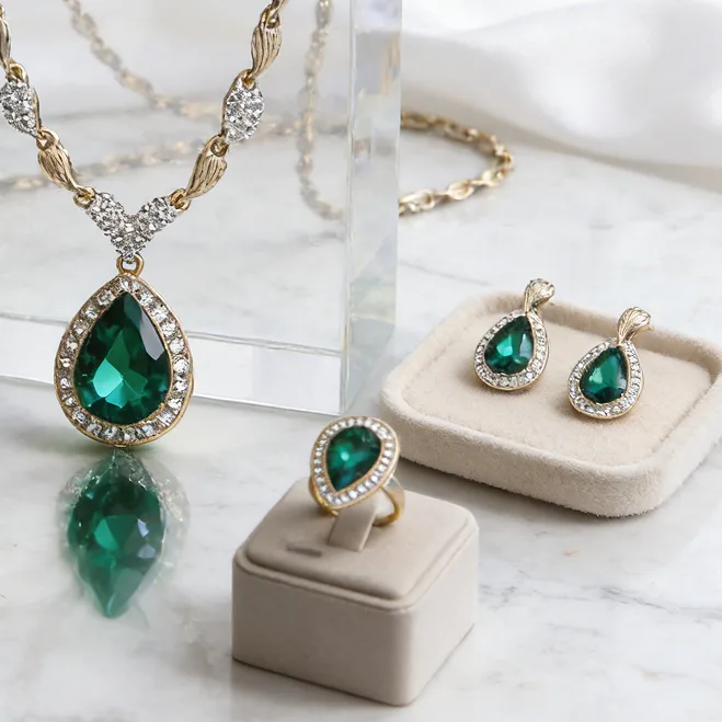 Emerald Tone Teardrop Halo Collar Necklaces Drop Earrings waterdrop Charms ring bracelet Wedding Banquet Jewelry for women set