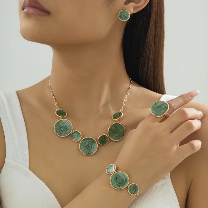 Unique Swirl Green Enamel Irregular Round Disc Pendant Necklaces Matching Bracelet Stud Earrings Ring Statement Jewelry for Women sets view 3
