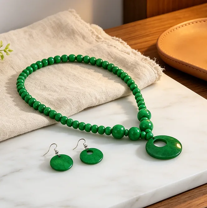 Green Round Beaded Pendant Necklaces Circle Disc Drop Earrings Boho Vacation Statement fancy jewelry for ladies Women