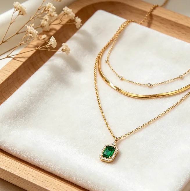 Vintage Stackable Multi Layer Snake Bead Chain Necklaces Rectangular Emerald Color Stone Halo Pendant Layering Jewelry for Women Daily Party view 2