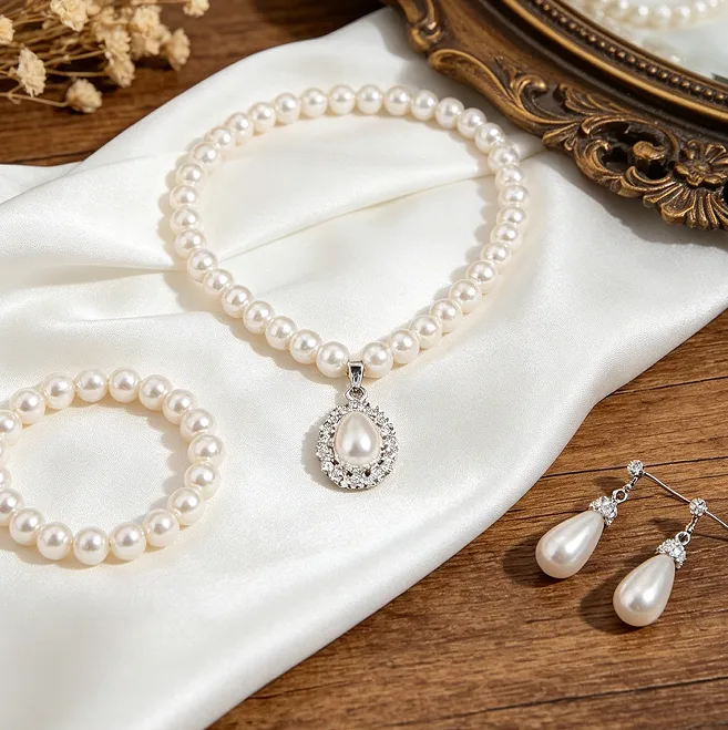 Elegant Pearl Pendant Necklaces Teardrop Drop Earrings Single Row Pearl Bracelets Women Wedding classic Jewelry Sets