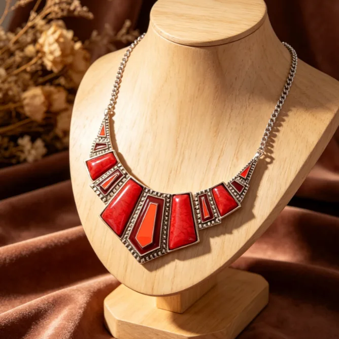 Vintage Boho Red Geometric Trapezoid Inlaid Bib Necklaces Layer Drop Earrings Ethnic Tribal Holiday Women Statement chunky Jewelry view 2