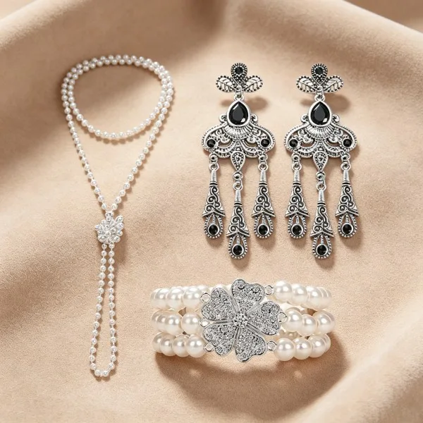 Vintage Imitation Pearl Beaded Y-Shaped Necklaces Black Stone Tassel Drop Earrings Rhinestone flower Bracelets for Women fashion Jewelry Sets