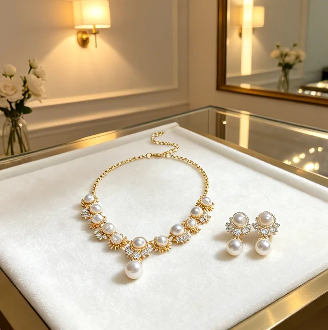 Luxury Floral shining Rhinestone Pearl Y Drop Necklaces big Round Pearl Dangle Earrings Women Wedding Gala Jewelry Sets view 2