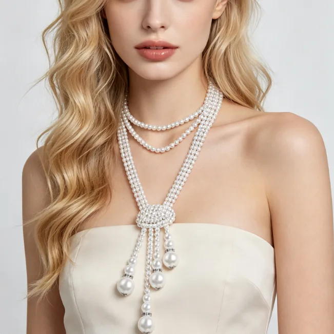 Fashion Multi Tier Pearl Tassel Necklaces Varied Length Pearl Drop Earrings Wide Row Pearl Link Bracelets Women Evening Stack Jewelry Sets view 3