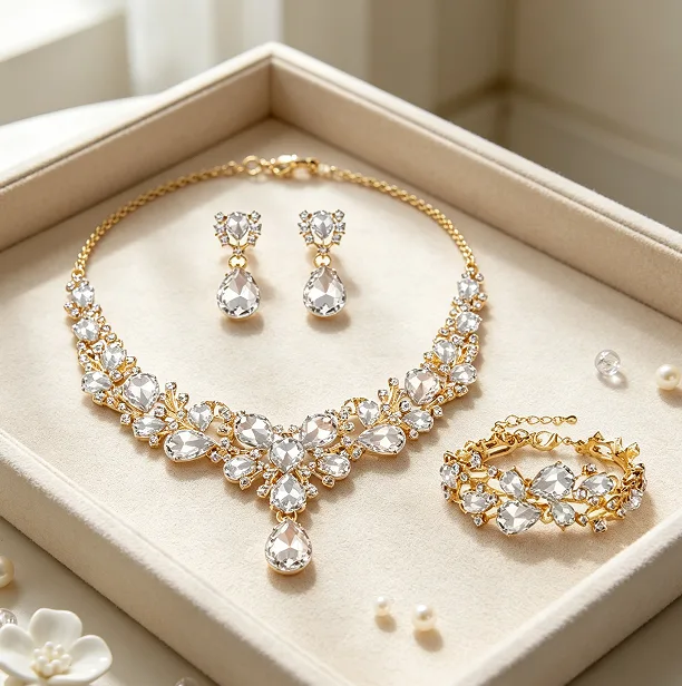 Elegant Champagne Teardrop Rhinestone Floral V Shape Pendant Necklaces Linked Gem Wrist Chain Matching Floral Drop Ear Ornaments Women Wedding Banquet Luxury Jewelry Sets view 2