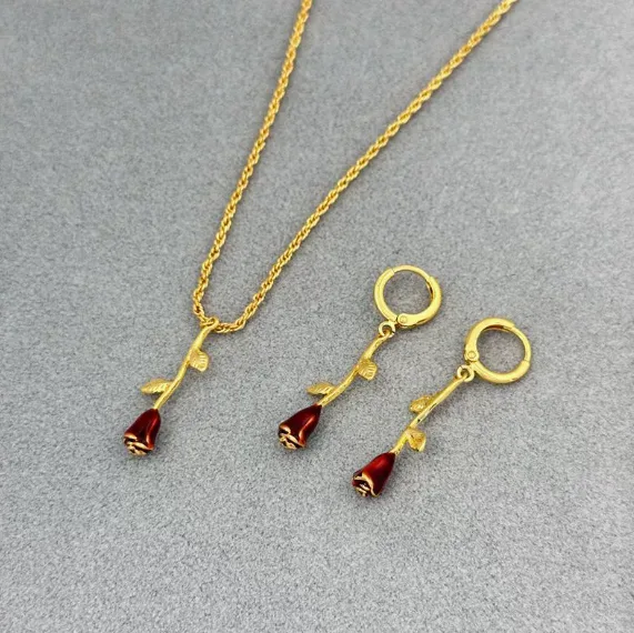Vintage red Enamel Small Rhinestone rose Charm Pendant Necklaces Drop hoops Earrings Matching Two Piece Jewelry Sets For women view 2