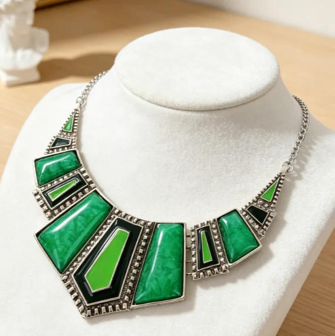 Vintage Boho green Geometric pendant Necklaces Layer Drop Earrings Ethnic chunky Statement Jewelry for Women view 3