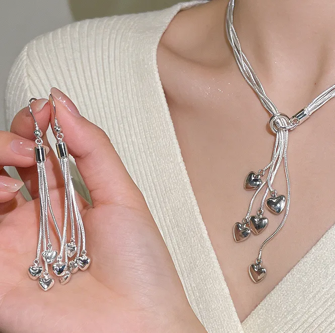 Silver Plated Copper Multi Snake Chain Heart Drop Y Necklaces Tassel Hook Earrings Charms Adjustable bracelet Minimalist Daily Jewelry view 2