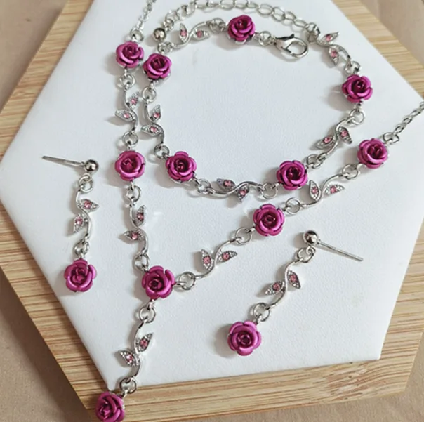 pink Rose Vine Floral Drop Necklaces flower bracelet Earrings Romantic Daily Feminine Elegant Statement Jewelry for women Valentine's Day