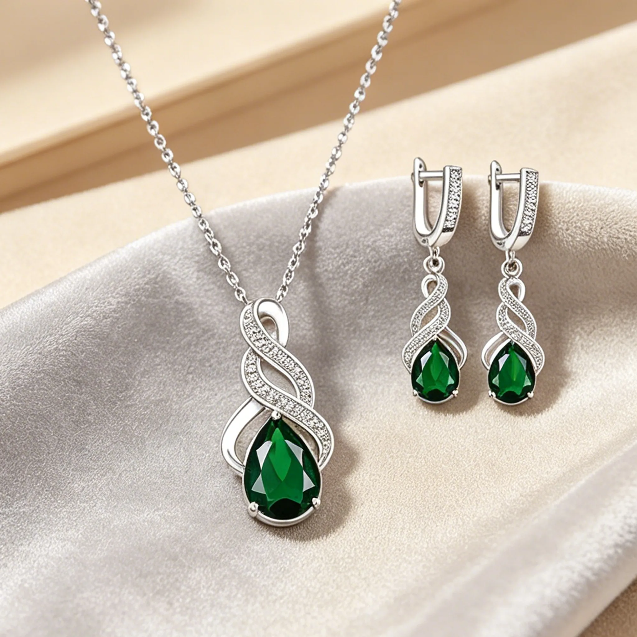 Full green Rhinestone pendant necklace luxury hoops earrings bracelets ring fancy for ladies Women luxury jewelry sets view 2