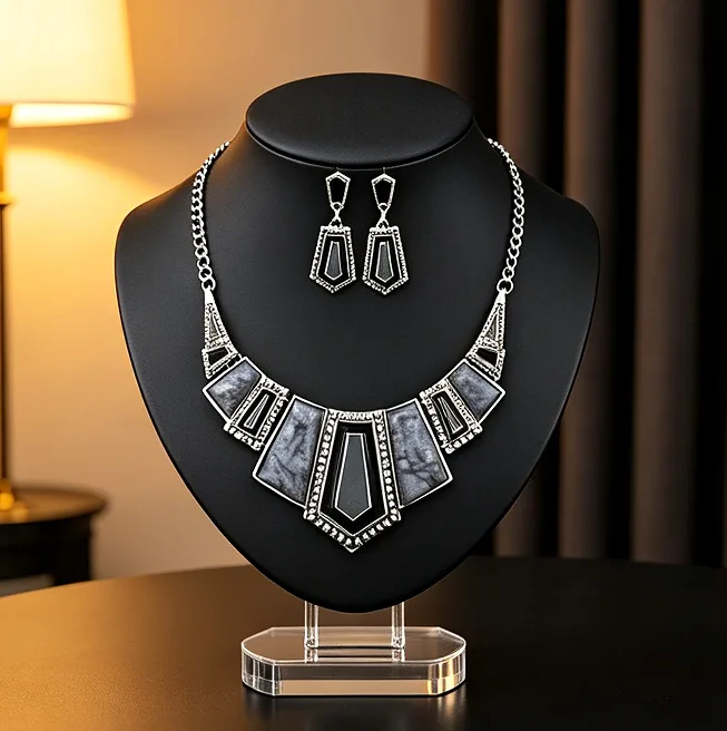 Vintage GothicBoho Irregular black Geometric Necklaces Layer Drop Earrings Ethnic chunky Women Statement Jewelry sets view 2