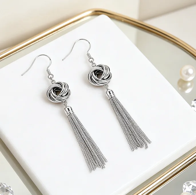 Minimalist Intertwined Round Knot Tassel Drop Pendant Thin Twist Chain Necklaces Long Fringe Hook Dangle Ear Charms Women Bohemian Daily Statement Jewelry Sets view 2