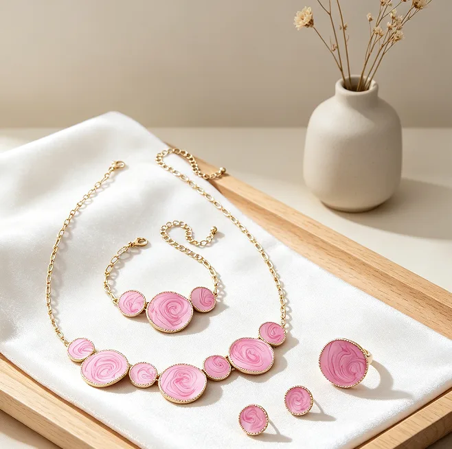 Unique Swirl Pink Enamel Irregular Round Disc Pendant Necklaces Bracelet Stud Earrings Adjustable Ring Women Statement Jewelry view 2