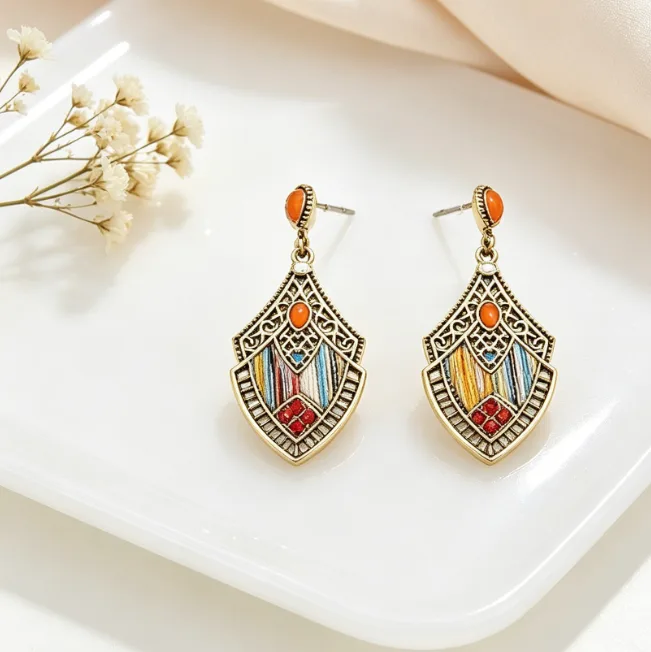 Bohemian Ethnic red Rhinestone Inlaid Petal Statement Collar Necklaces Rhombus Dangle Earrings Women vintage Jewelry Sets view 3