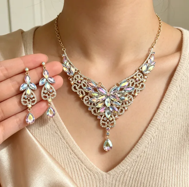 luxury chunky diamond Rhinestone Butterfly Filigree V Collar Necklaces Teardrop Drop Earrings Charms Wedding Statement Jewelry view 2