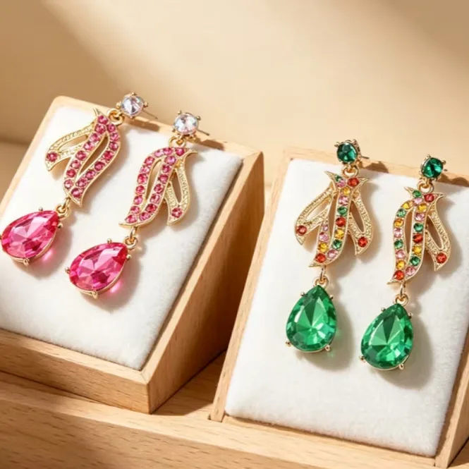 Luxury Multicolor Teardrop Rhinestone Leaf pendant Necklaces diamond Long Drop Earrings fashion fancy jewelry for ladies Women view 2