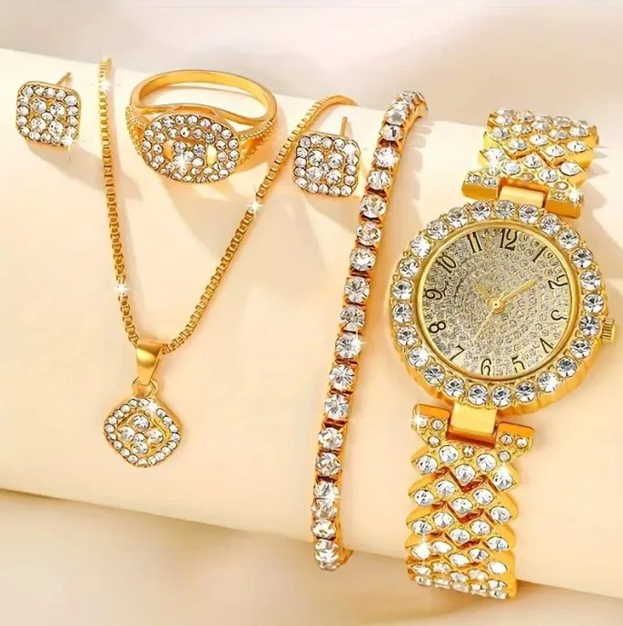 Full Rhinestone Round Dial Wrist Watch Square Pendant Thin Chain Necklaces Stud Earrings tennis Bracelet Ring Women Luxury All In One Jewelry Watch Sets view 2