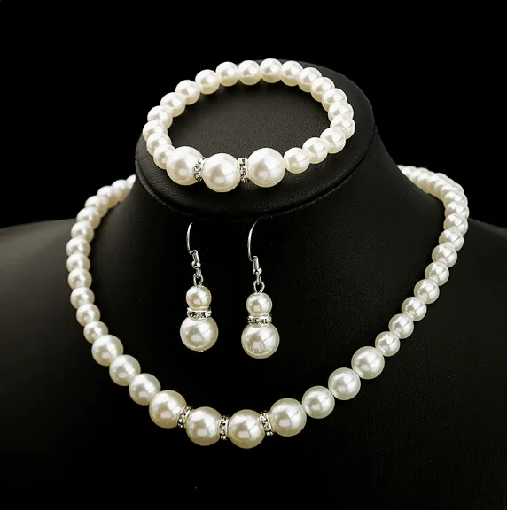 Classic Gradient Size white beaded Necklaces Double Round Pearl Drop Earrings Bracelets Women Bridal designer inspired jewelry sets joias de luxo