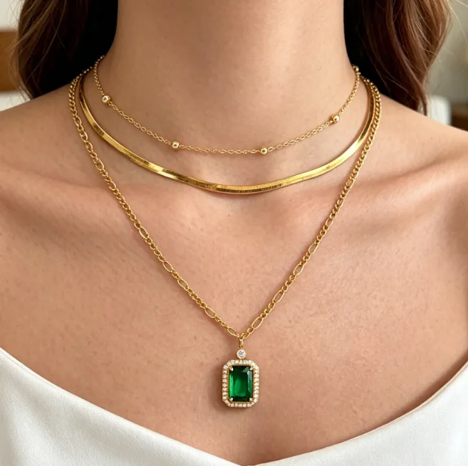 Vintage Stackable Multi Layer Snake Bead Chain Necklaces Rectangular Emerald Color Stone Halo Pendant Layering Jewelry for Women Daily Party view 3