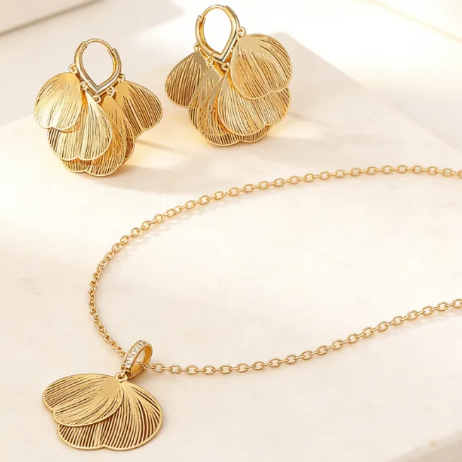 24K Gold Plated Copper Butterfly Leaf Pendant Necklaces Multi Layer Petal Drop hoops Earrings Minimalist Elegant Women Statement Jewelry view 2