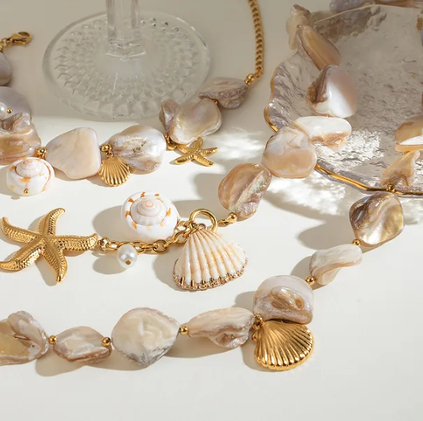 Boho Beach Vacation Irregular Conch Shell Slice Starfish Drop Pendant Y Shape Necklaces Adjustable Extension Link Wrist bracelet Women Seaside Casual Chic Jewelry Sets