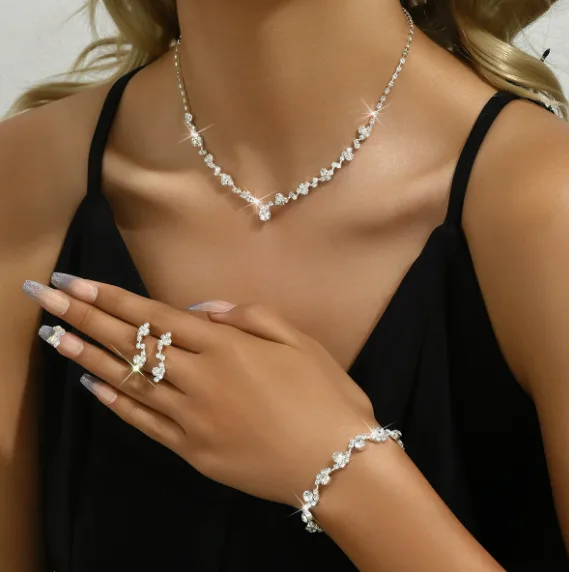 classic Rhinestone Inlaid Geometric Pendant Necklaces Drop Dangle Earrings tennis Bracelets Jewelry Sets for women wedding gift view 3