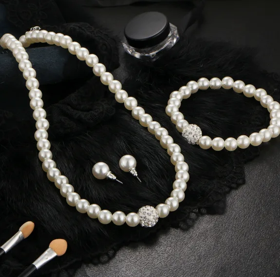 Classic Round white Imitation Pearl Necklaces Rhinestone Earrings Single Strand Pearl Bracelets for Women mother day gift Jewelry Sets view 2