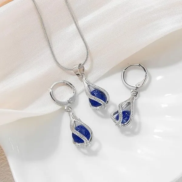 Elegant Teardrop Pendant Necklaces blue zircon hoops Drop Earrings for Women fashion wedding Jewelry Sets CZ Bridal Brides Accessories view 2