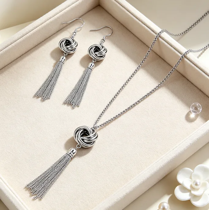 Minimalist Intertwined Round Knot Tassel Drop Pendant Thin Twist Chain Necklaces Long Fringe Hook Dangle Ear Charms Women Bohemian Daily Statement Jewelry Sets
