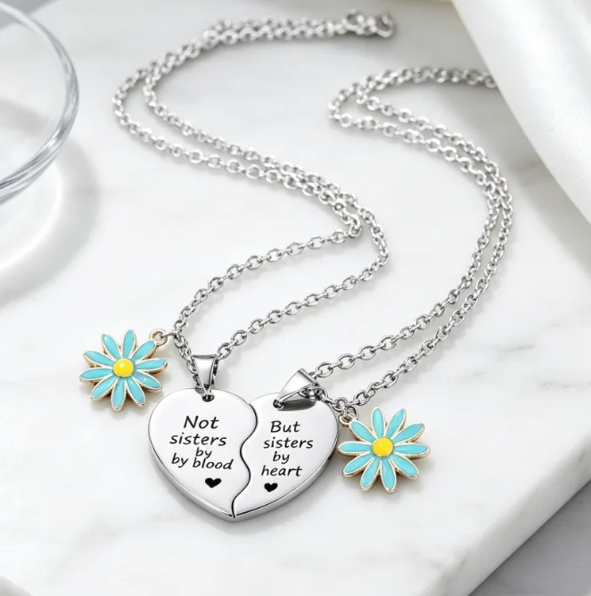 2-Split Heart Engraved Pendant Necklaces Mini Pink Daisy Enamel Charms Best Friend Sister Couple Friendship women Jewelry Sets view 2