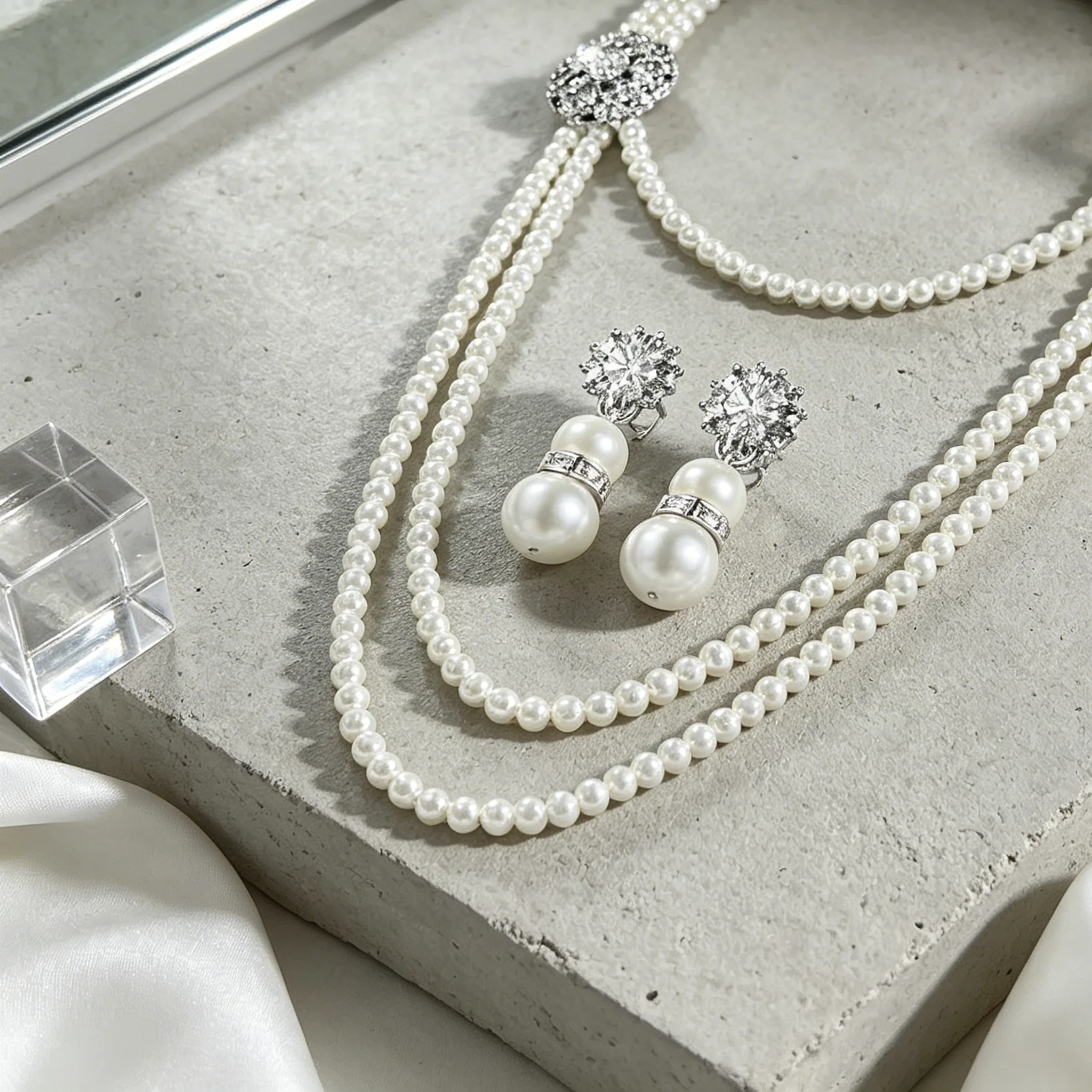 Chic Multi flower Imitation Pearl Layered long Necklaces Floral Drop Earrings Women for Evening Party wedding Jewelry Sets view 2