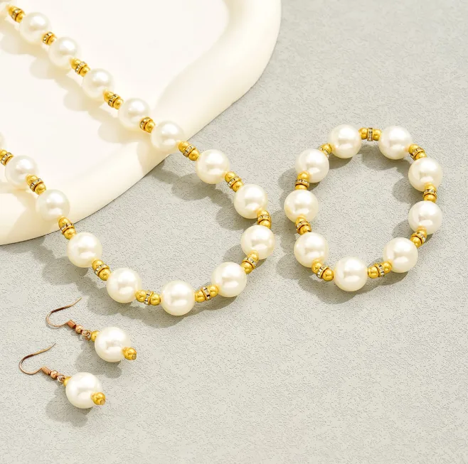 Imitation Pearl Copper Toggle OT Clasp Necklaces Beaded Bracelet Single Pearl Drop Earrings Vintage Wedding Fashion Jewelry for women view 3