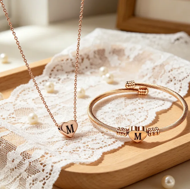 Engraved Initial A-Z Heart Pendant Thin stainless steel chain necklaces Letter Cuff Bangles Women Minimalist Statement Jewelry Sets view 3