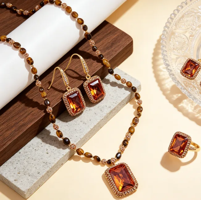 Vintage Rectangle Amber Tone Stone beaded Pendant Necklaces Dangle Earrings Adjustable Rings Retro Ethnic Women Jewelry Sets
