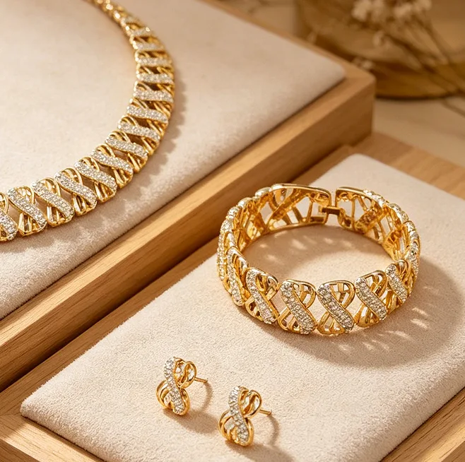 Dubai Luxury Intertwined Twist Rhinestone Necklaces Stud Earrings Wide Bracelets Statement Rings Wedding women bridal Jewelry Sets view 3