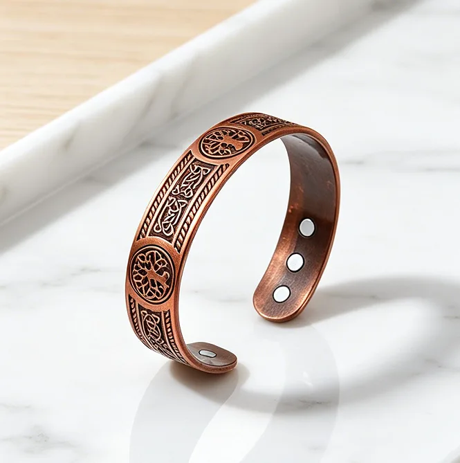 Vintage Engraved Tree of Life Magnetic Open Cuff Bangles Adjustable Pattern Open Rings Retro Health Care Women Statement Jewelry Sets view 2