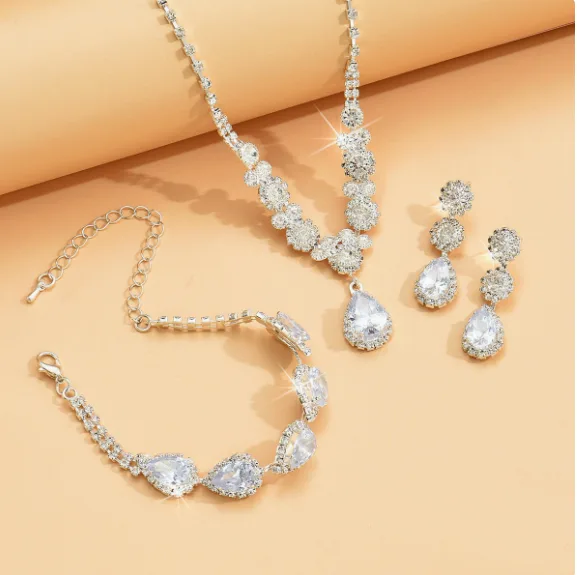 luxury Elegant Teardrop Rhinestone Necklaces Drop Earrings Irregular Bracelets for bridal fashion Women Wedding Jewelry Sets view 2