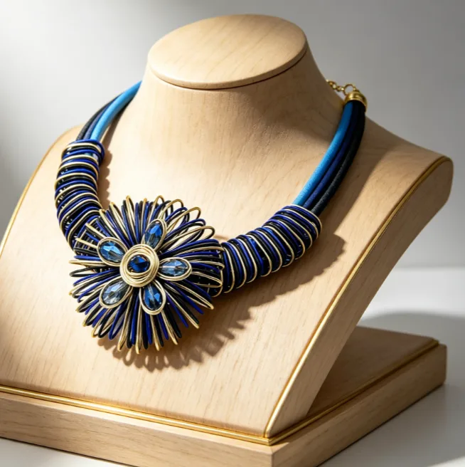 Ethnic Handmade Blue Golden Striped Floral Bib Pendant Necklaces Spiral Circle Drop Earrings Bohemian Vacation Women Statement Jewelry view 3