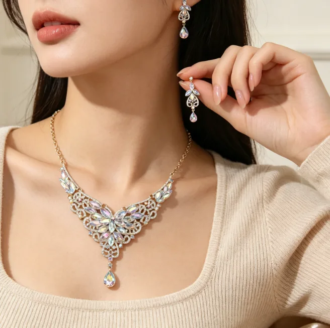 luxury chunky diamond Rhinestone Butterfly Filigree V Collar Necklaces Teardrop Drop Earrings Charms Wedding Statement Jewelry view 3