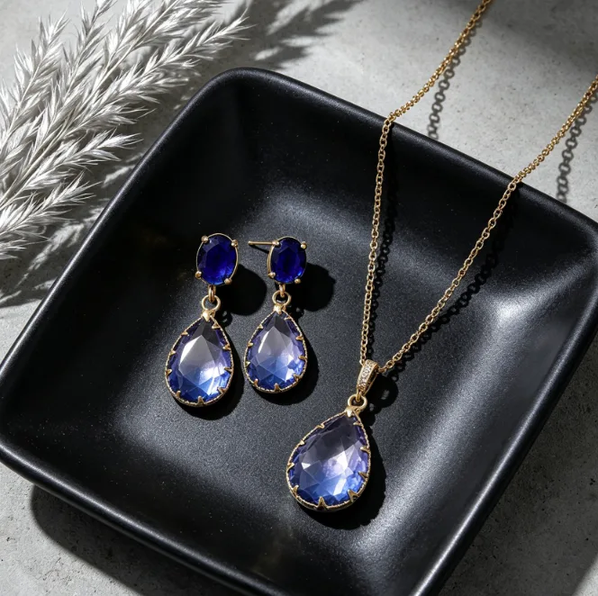 Zircon Two-Tone Gradient Teardrop Gem Pendant Necklaces Double Stone Drop Stud Earrings Fashion fancy jewelry for ladies Women sets