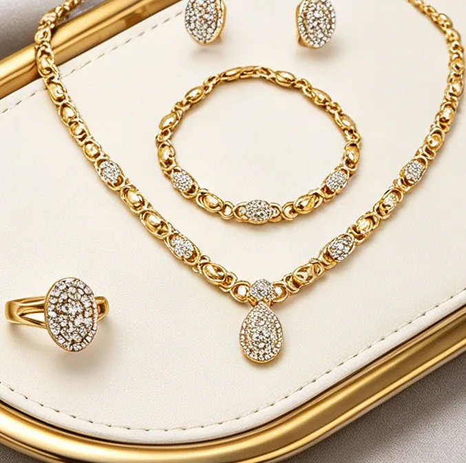 Luxury Interlocking Chain Oval Pave Rhinestone Drop Necklaces Stud Earrings Linked Chain Bracelets Adjustable Rings Women Wedding Banquet Jewelry Sets